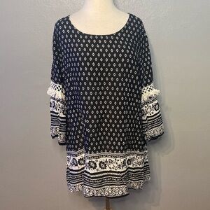 Lady’s World Blouse 3/4 Sleeve Mixed Print Tassel Bell Sleeves Black XL